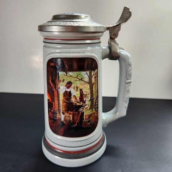 Village Blacksmith Beer Stein The Blacksmith Vintage Decorative Stoneware Pewter - Picture 1 of 12